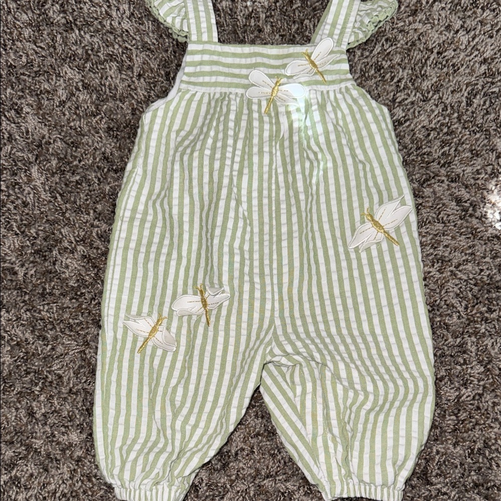 Good Lad Green and White Striped Romper with Dragonfly Accents